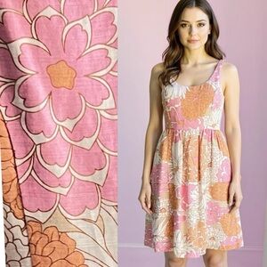 Eliza J Linen Blend Pink Orange Cream Floral Spring Womens Dress with Pockets